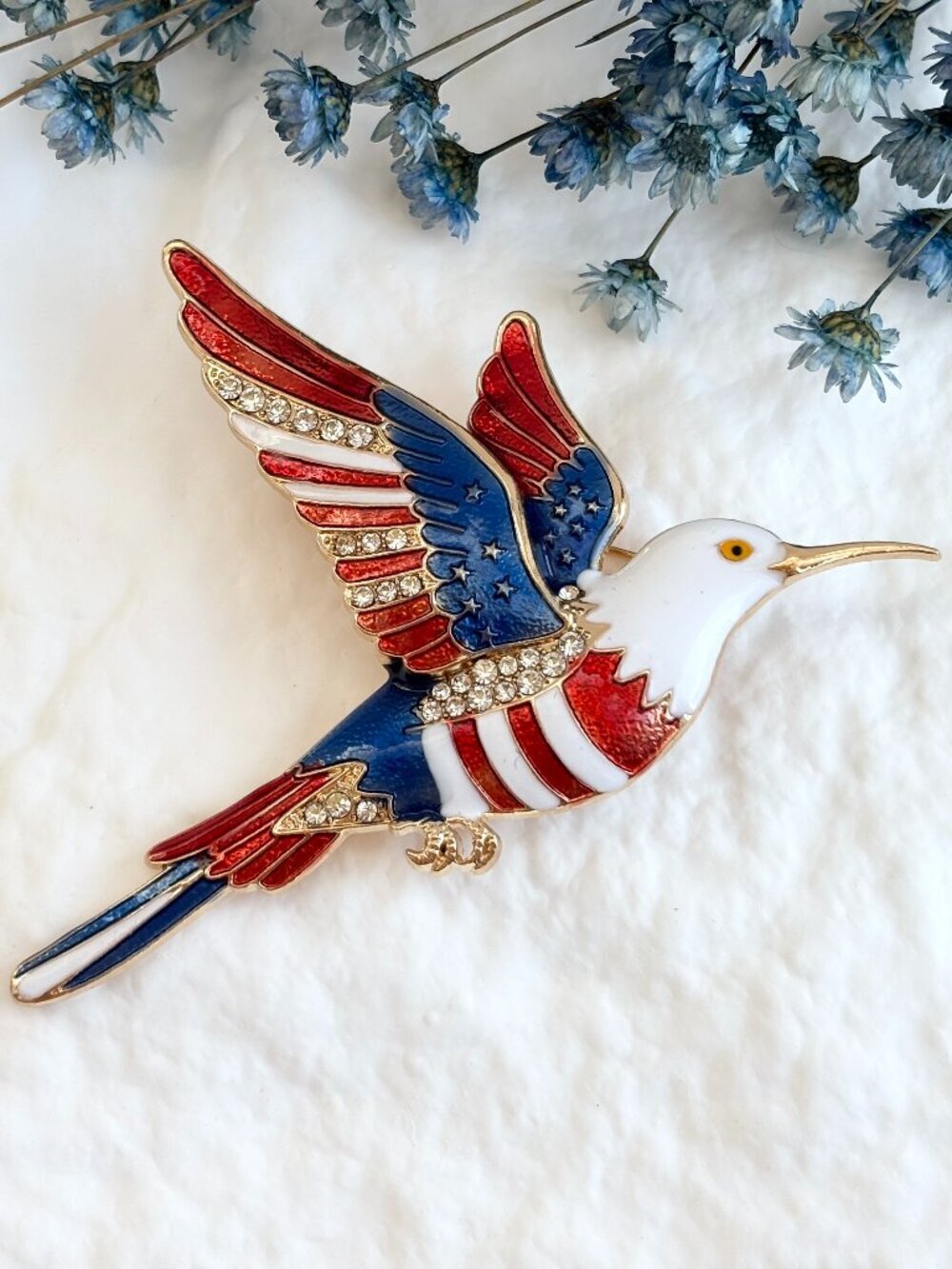 Patriotic Hummingbird Red White & Blue Enameled Jumbo Gold Toned Brooch Pin
